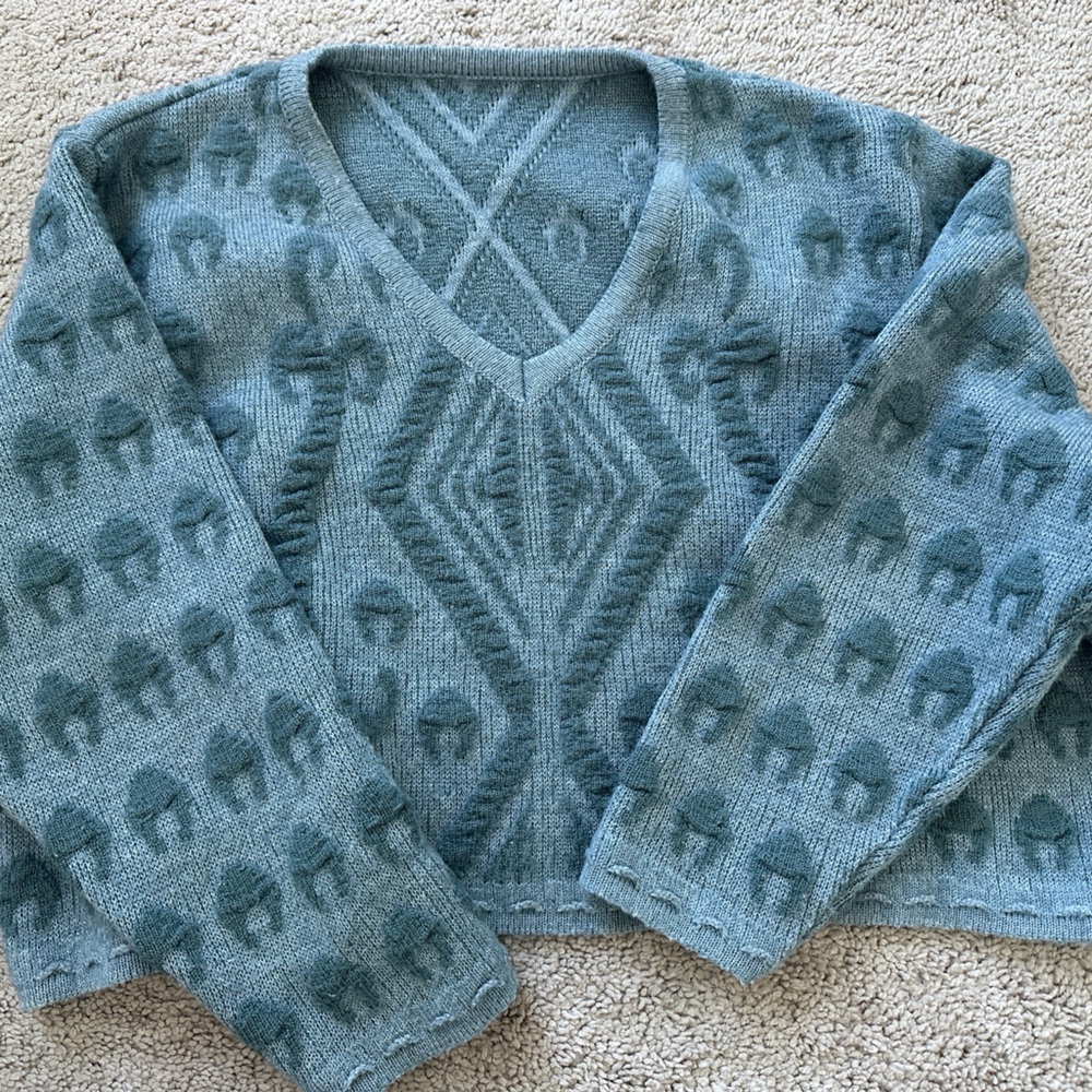 Teal Blue Patterned Cropped Knit Wool Sweater